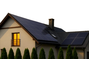 Maison avec un toit recouvert de panneau solaire
